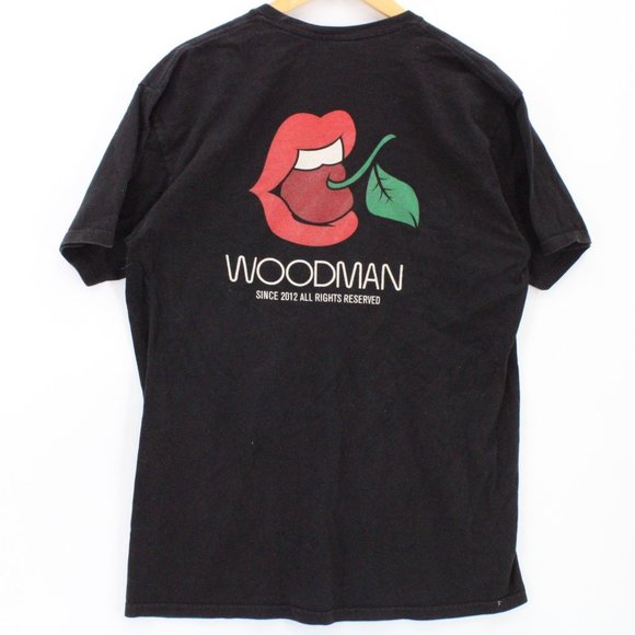 Woodman Shirt Tee Mens Black Short Sleeve Mouth Cherry Graphic Cotton Large L - Picture 1 of 8